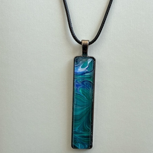 Handmade Teal and Blue Fluid Art Bar Pendant Necklace - Picture 5 of 10